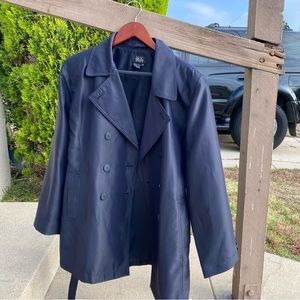 blue leather trench coat